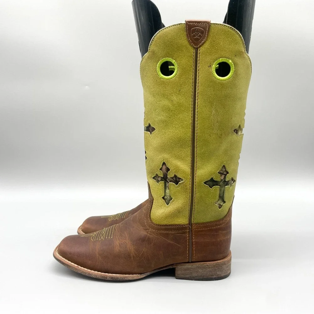 Ariat Kids Size 2 Brown Leather Lime Green Suede Camo Cross Western Boots